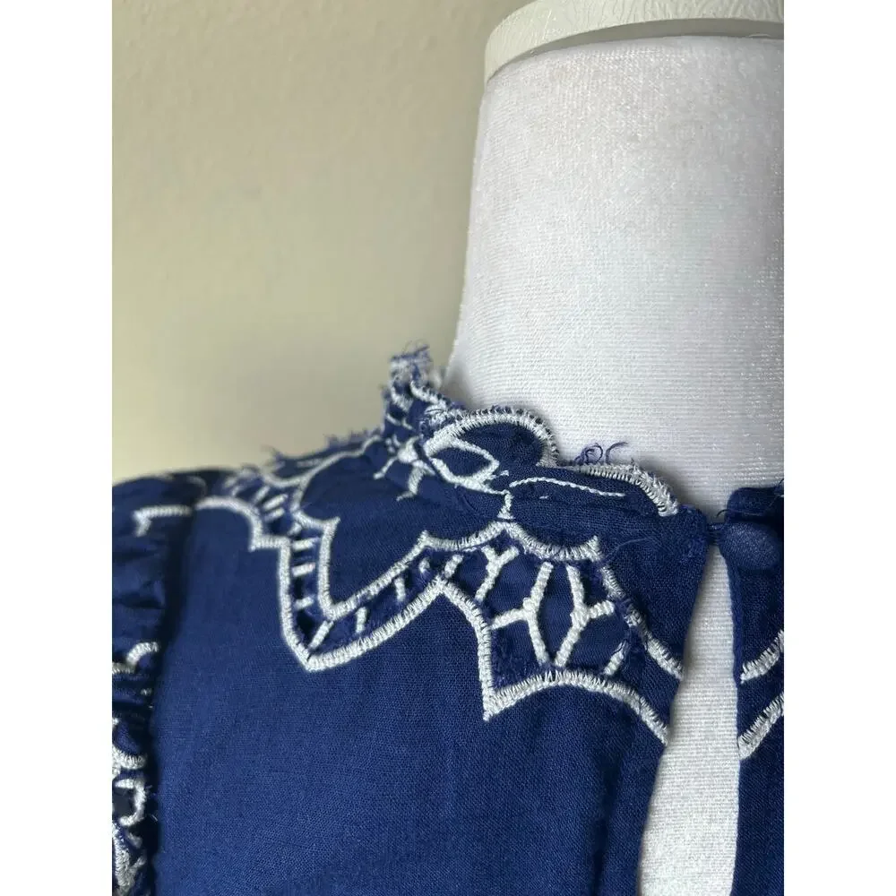 The Lainie High-neck Lace Cutwork Blouse Blue by Anthropologie XXS Linen Blend